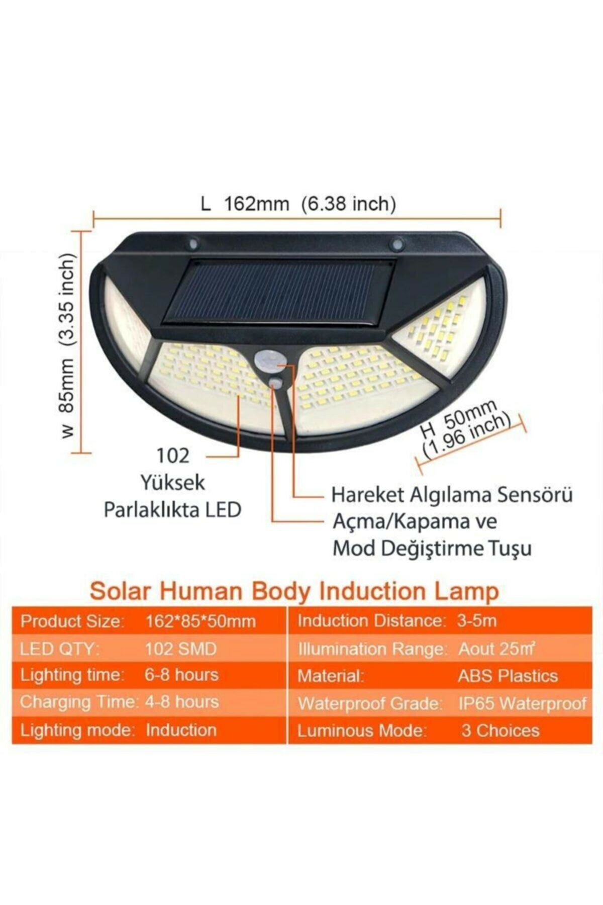 Solar Güneş Enerjili 102 Ledli 3 Modlu Hareket Sensörlü Oval Bahçe Lambası