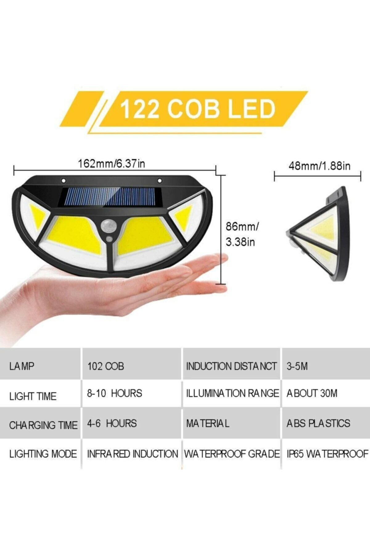 Solar Güneş Enerjili 122 Cob Ledli 3 Modlu Hareket Sensörlü Oval Bahçe Lambası