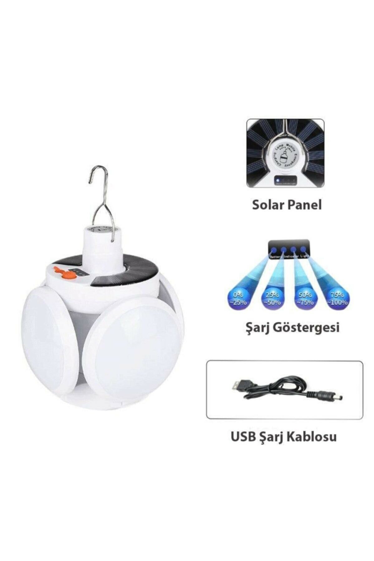 Solar Güneş Enerji Ve Usb Sarjlı 5 Kanatlı Bahçe Aydınlatma Led Askılı Pratik Kamp Lamba