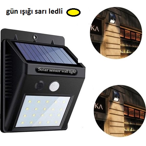 Gün Işığı Sarı Ledli Hareket Sensörlü Güneş Enerjili Led Aydınlatma Dış Mekan Bahçe 20 Led Li