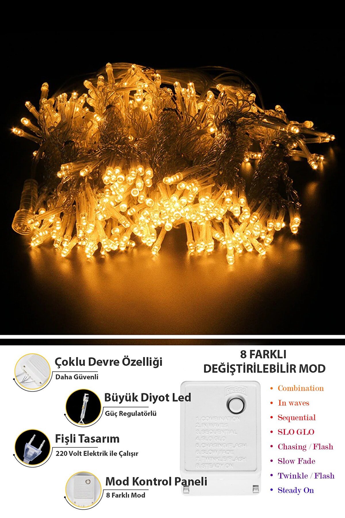 8 Fonksiyonlu 2.5 X 2.5 Metre Perde Led 12 Saçaklı 180 Ledli Kablolu Fişli