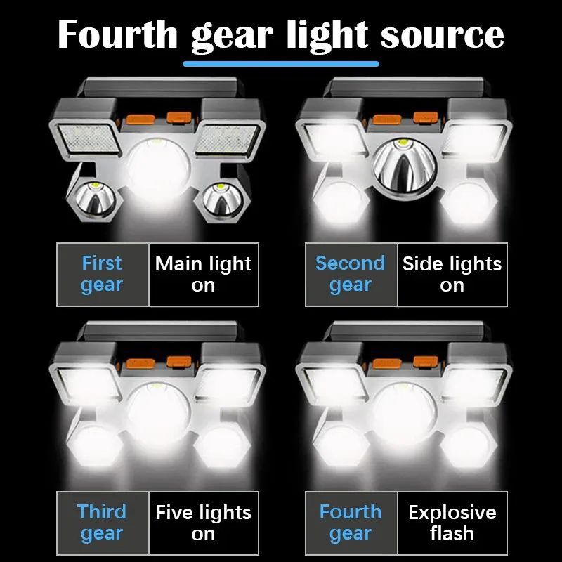 212 Model Şarjlı 5 Led 4 Modlu Cob Led Avcı Balıkçı Kamp Süper Kafa Lambası