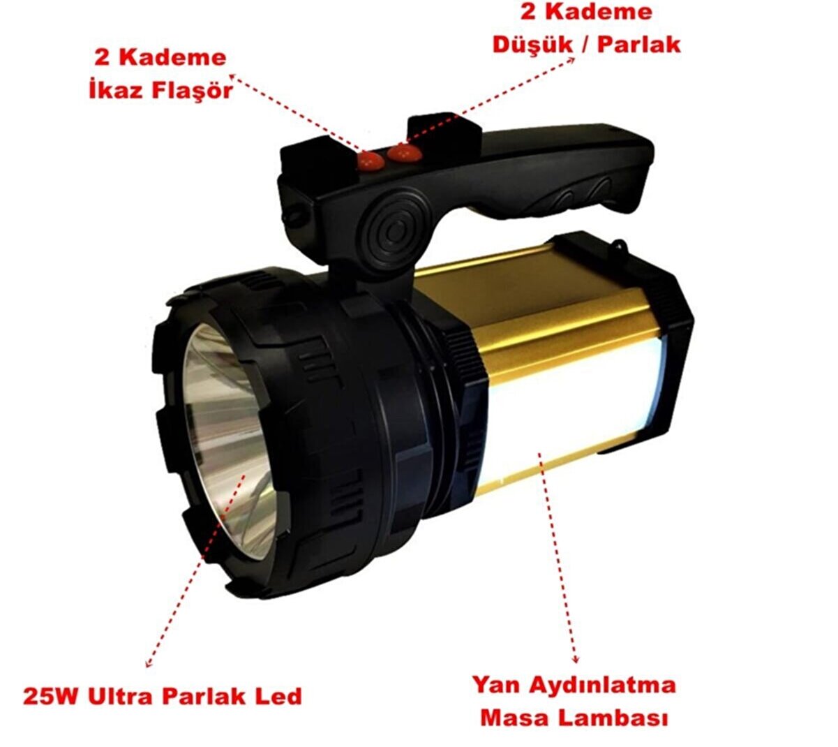 Projektör 25w Led Şarjlı El Feneri Sos Ve Uzun Menzil Powerbank Usb Çıkış + Yan Aydınlatma