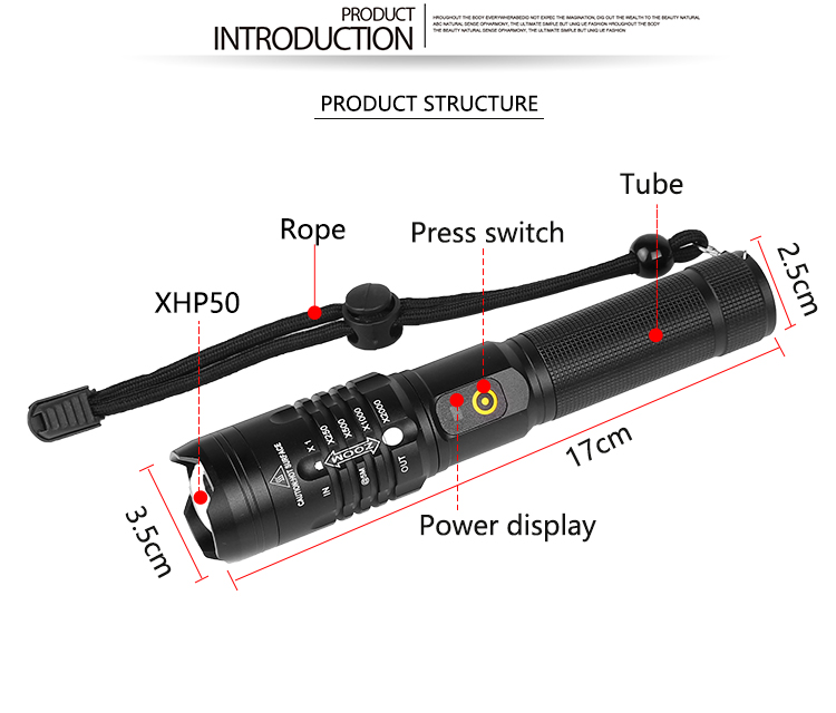 PakStar PS-080 Zoomlu Xhp50 Led USB Şarj Edilebilir Profesyonel El Feneri