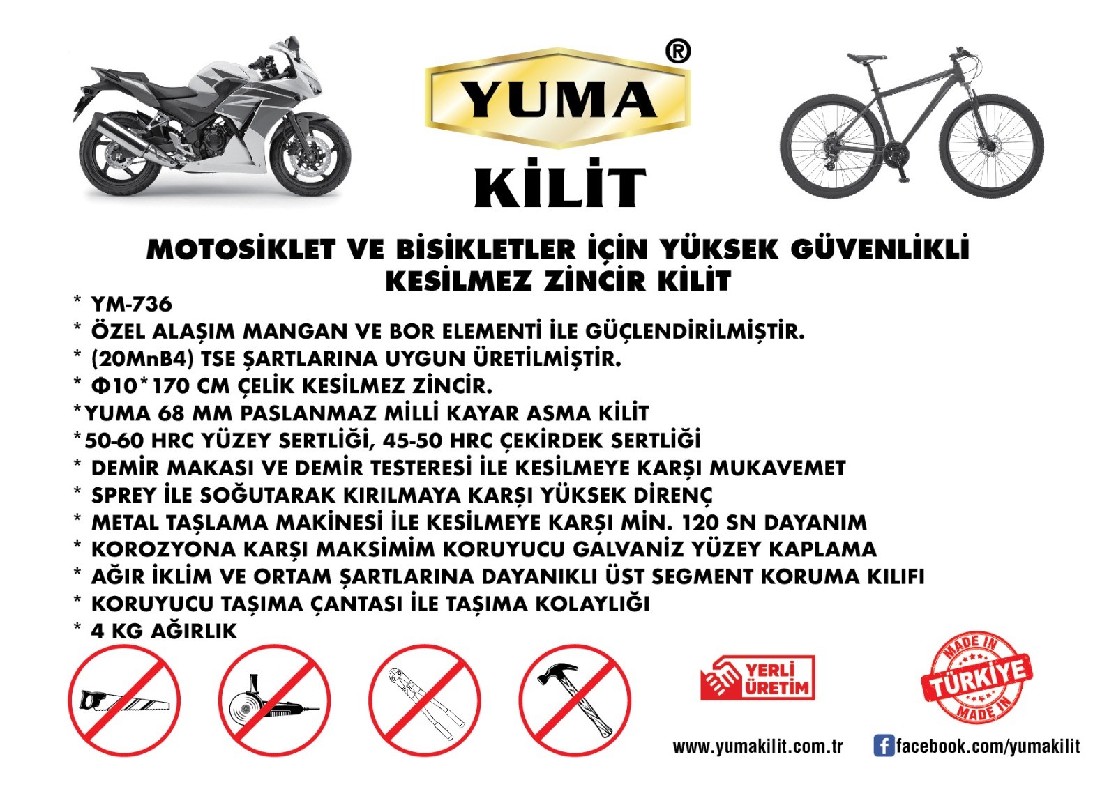 Yuma Kesilmez Motosiklet Güvenlik Zincir Kilidi 10 mm 170 cm