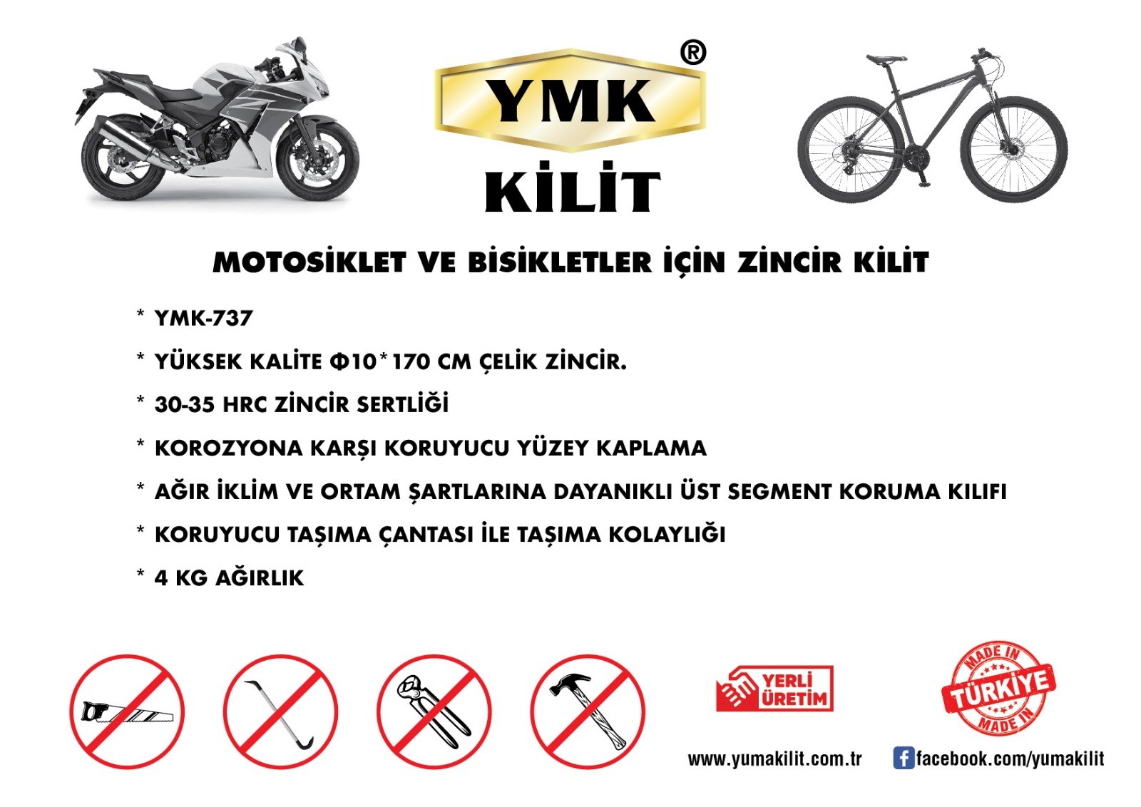 YMK Kesilmez Motosiklet Güvenlik Zincir Kilidi 10 mm 170 cm